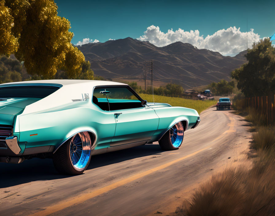 Vintage turquoise muscle car with blue rims on country road, mountains and distant car.