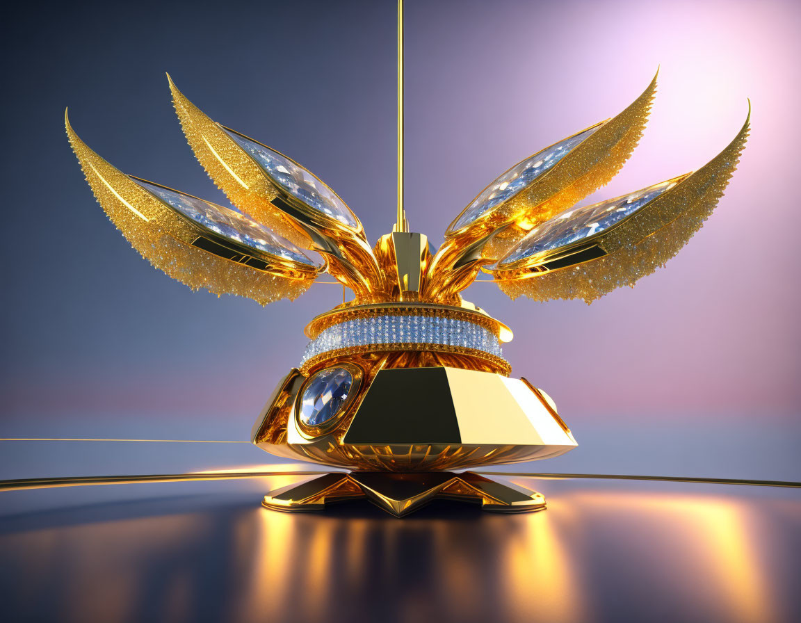 Golden trophy with glittering wings on purple and orange gradient background