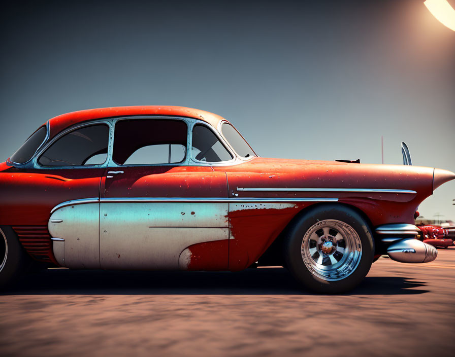 Vintage Red and White Car with Tailfins Under Sunny Sky