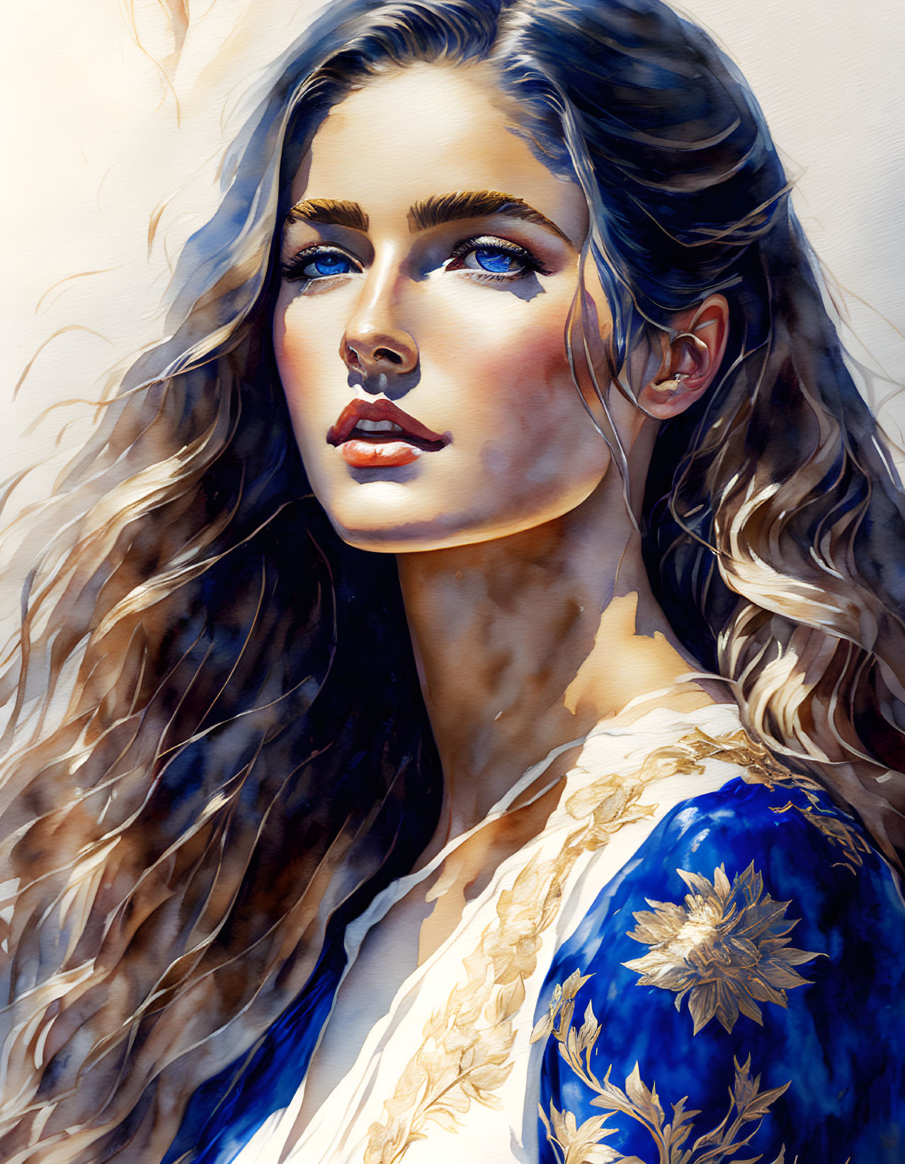 Vibrant watercolor portrait of woman with long curly hair and blue eyes