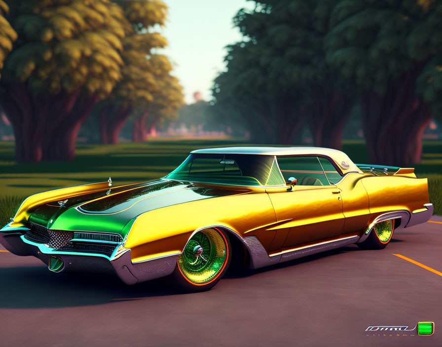 Yellow Lowrider Car with Green Underglow and Chrome Rims in Sunset Setting