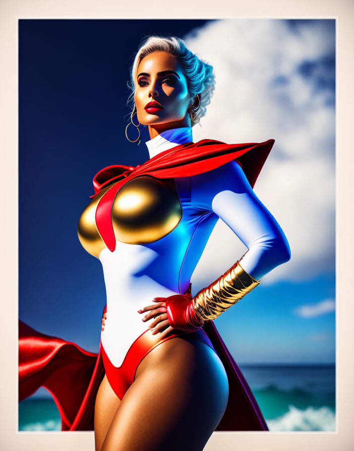 Female superhero with golden armor, red cape, and blue hair in cloudy sky setting