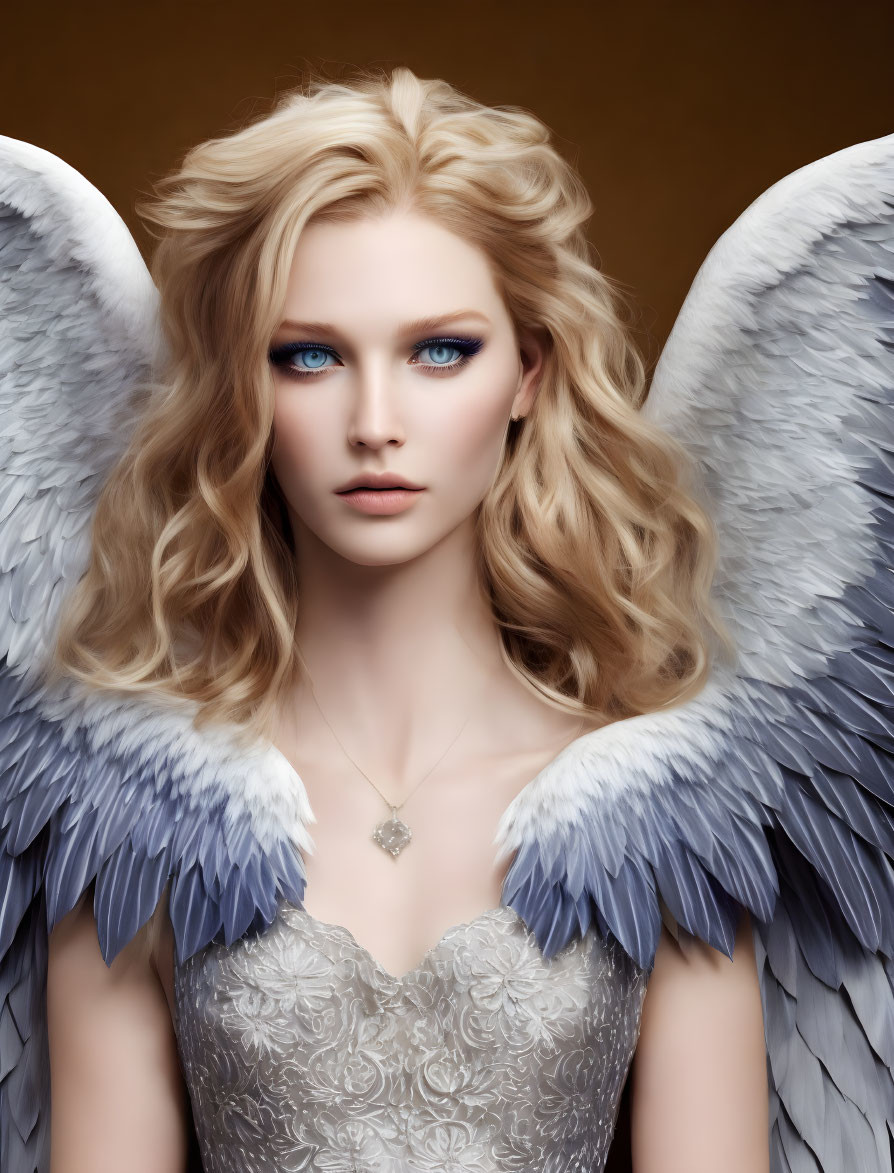 Portrait of woman with angelic wings, blue eyes, blonde hair, lace dress, brown backdrop