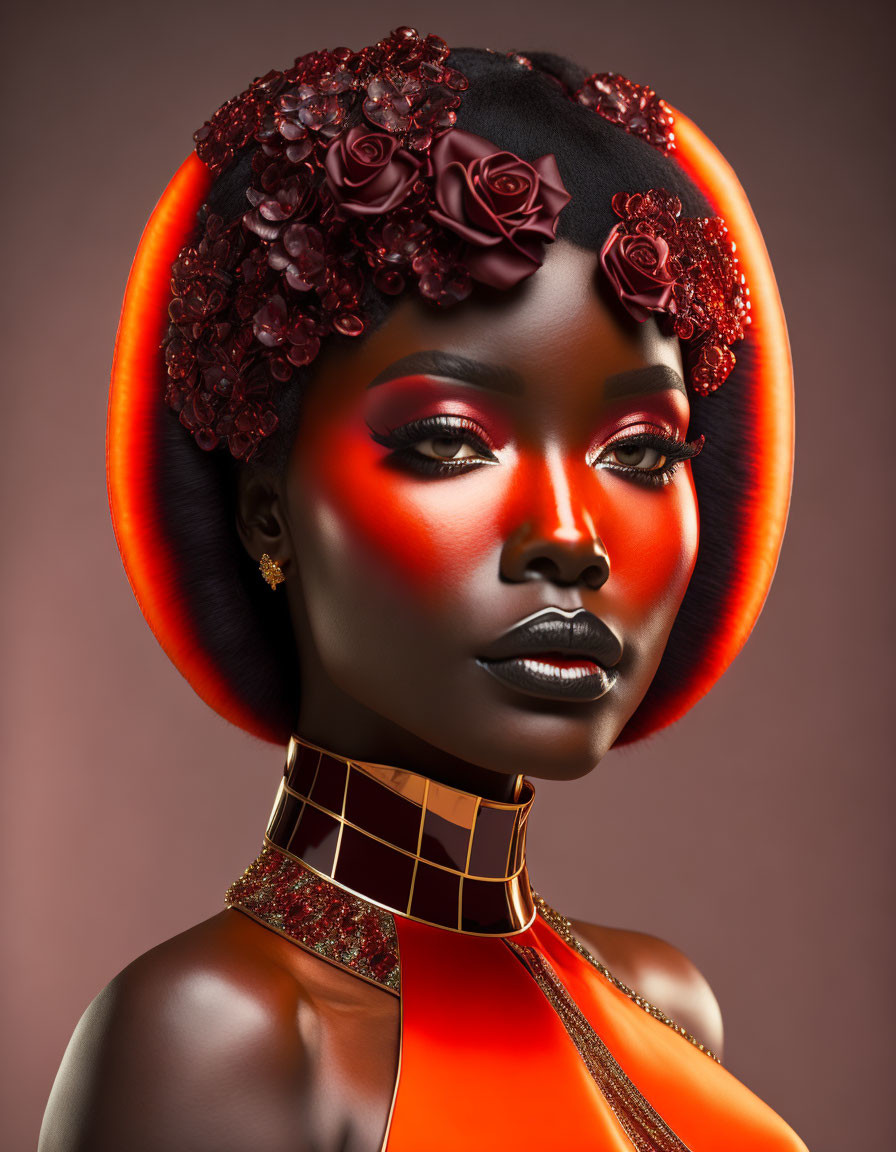 Portrait of woman with red makeup, floral hair accessories, choker, and orange fabric.