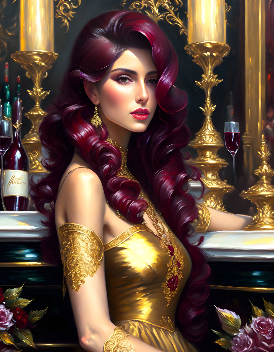 Red-haired woman in golden attire at luxurious bar with bottles, candlesticks, and roses