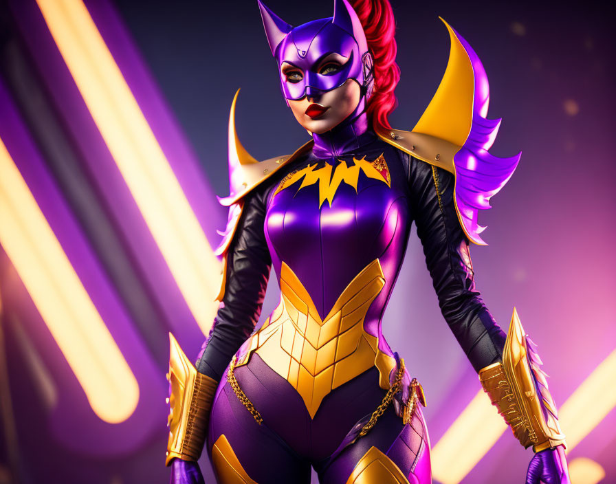 Superheroine illustration in purple and gold costume, bat emblem, pointy-eared mask, red