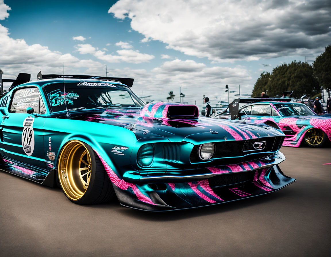 Custom Wide-Body Mustang with Gold Wheels at Car Meet