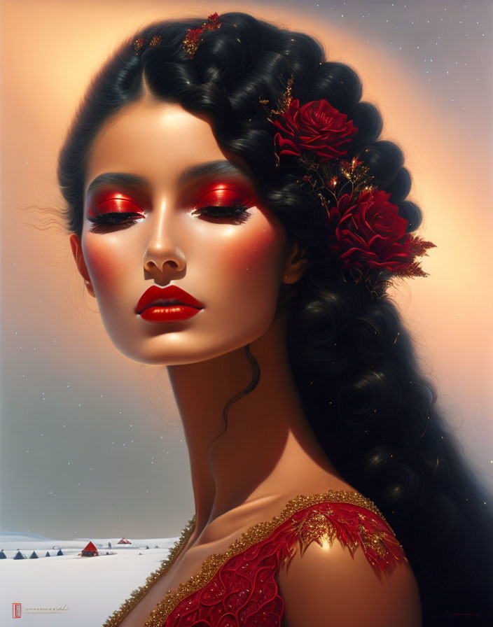 Digital artwork: Woman with dark braided hair, red floral adornments, vibrant makeup, and embroidered