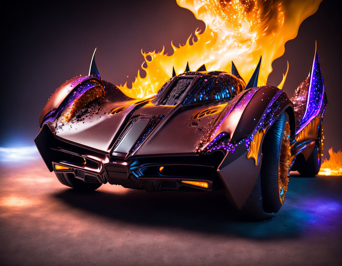 Sharp-Edged Purple Futuristic Car Emitting Fire on Misty Background