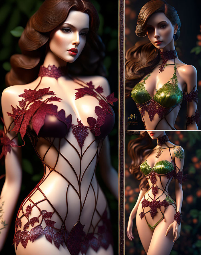 Photorealistic 3D Artwork of Woman in Leaf-Patterned Bodysuit