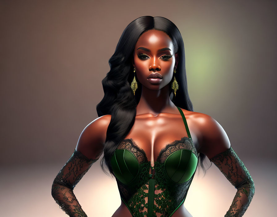 Digital illustration: Elegant woman with dark skin, wavy hair, and green lace attire