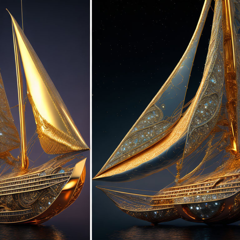 Luxurious Golden Sailboat Split in Half on Starry Night Sky