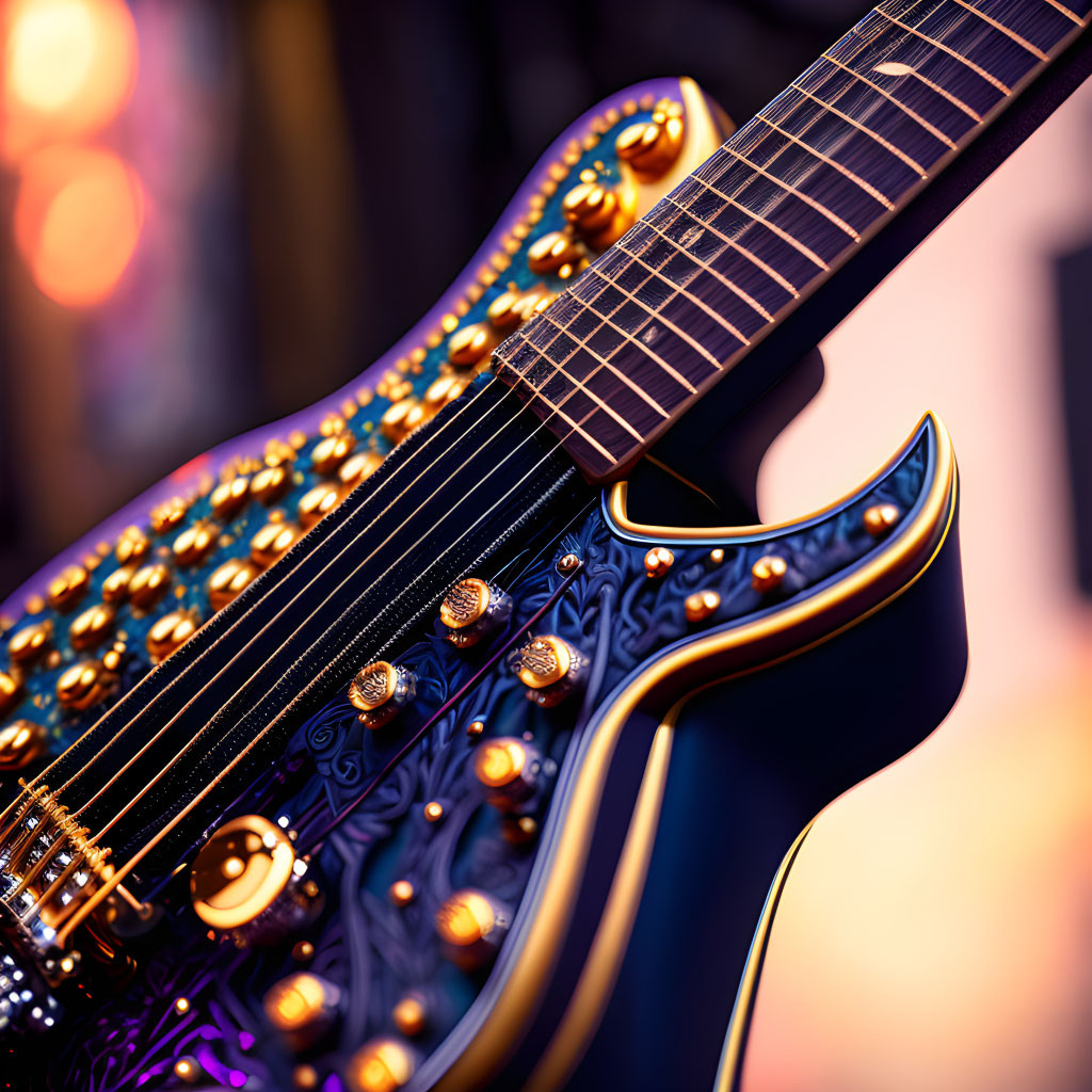 Detailed Close-up: Ornate Electric Guitar with Gold Details on Colorful Background