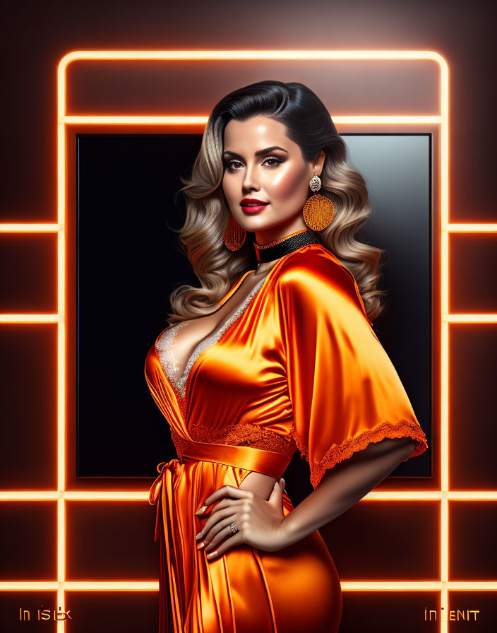 Stylish woman in orange satin dress against neon-lit backdrop