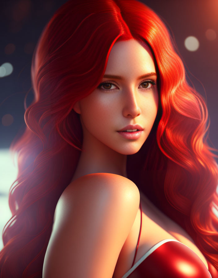 Digital portrait: Woman with red hair, fair skin, green eyes, glancing on soft red backdrop