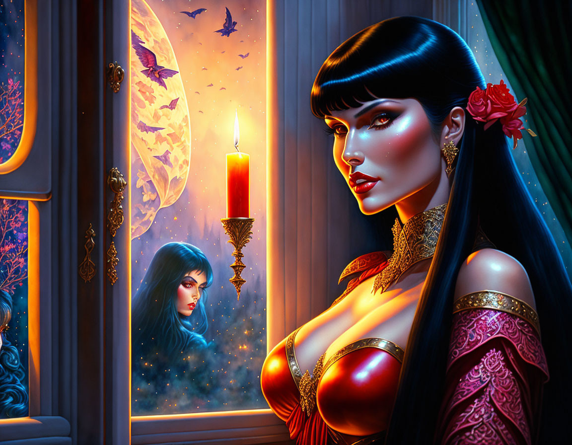 Stylized illustration of woman in red dress by candlelit window