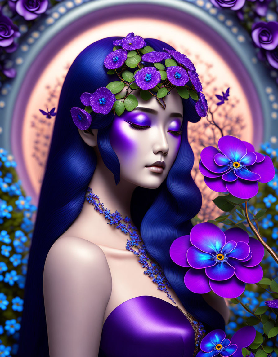 Digital artwork of woman with blue hair and purple flowers, matching eye shadow, in purple dress against floral