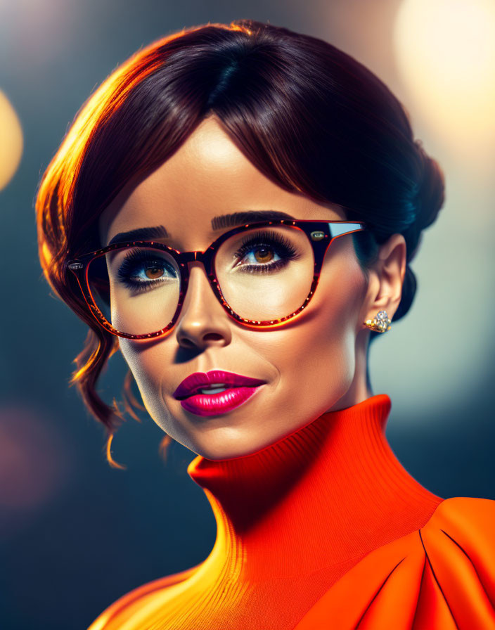 Styled Hair, Red Lipstick, Glasses Woman in Orange Turtleneck on Light Background