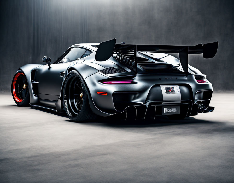 Matte Black Sports Car with Red-Rimmed Wheels on Dark Background