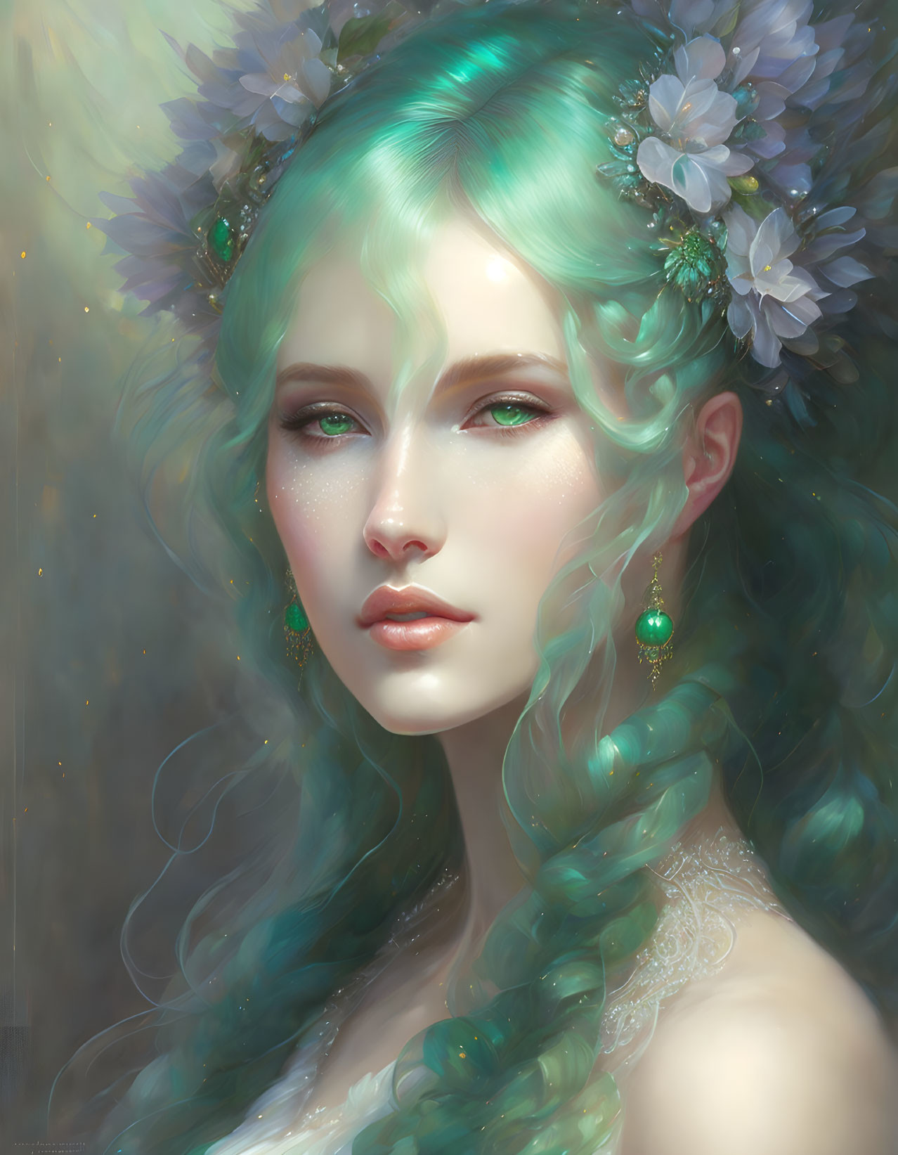 Illustration: Woman with green hair and floral crown emitting ethereal glow