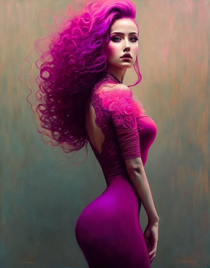 Digital artwork: Woman with flowing purple hair and dress in profile pose.