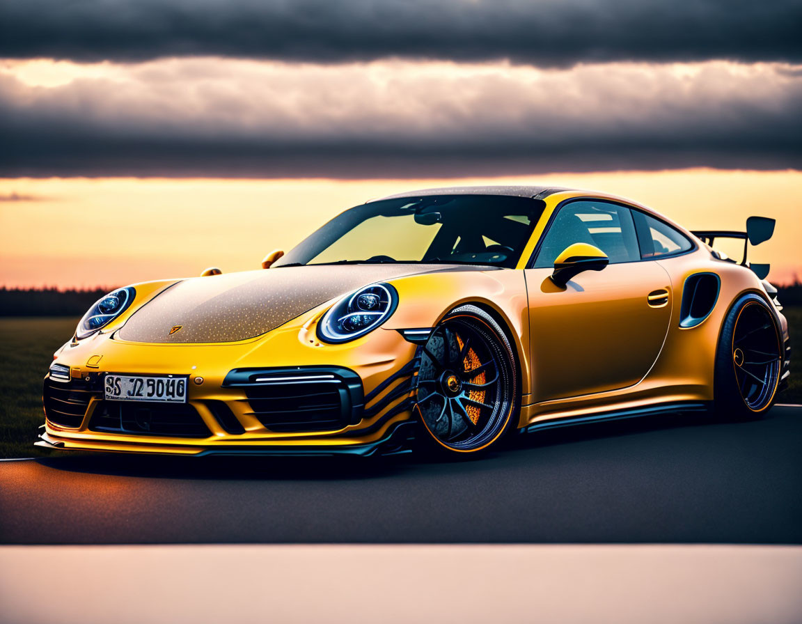 Yellow and Black Porsche Sports Car with Aerodynamic Spoiler on Asphalt Road at Dusk