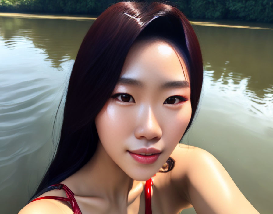 Portrait of young woman with dark hair and makeup in red top against blurred water background