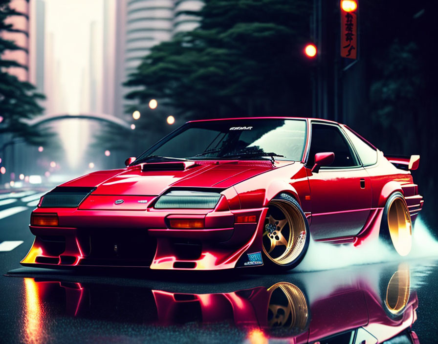 Red sports car with wide body kit and rear wing on wet street at dusk, reflecting city lights.