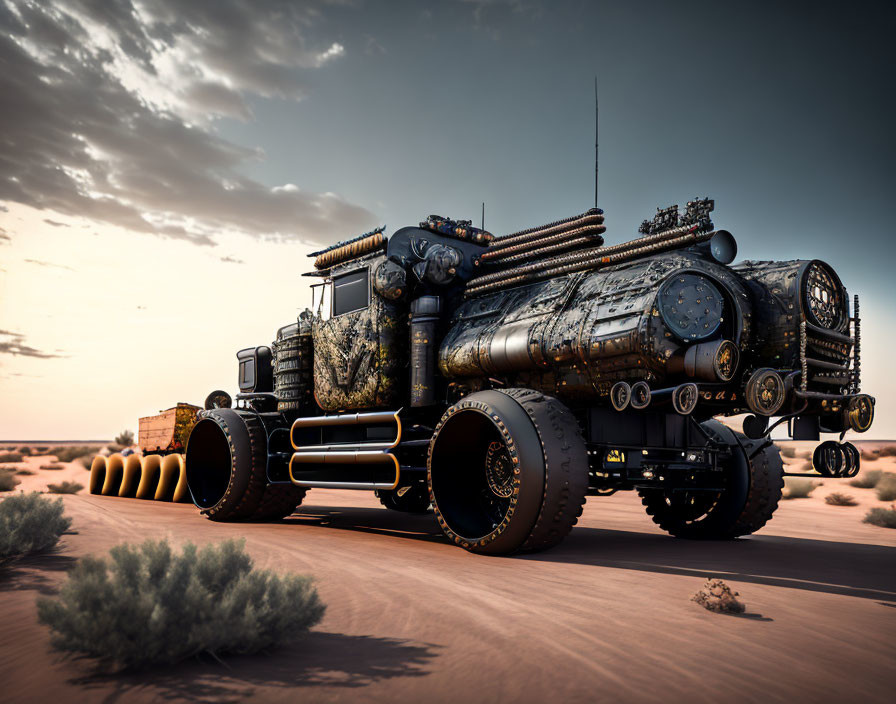 Futuristic heavily modified truck in desert landscape