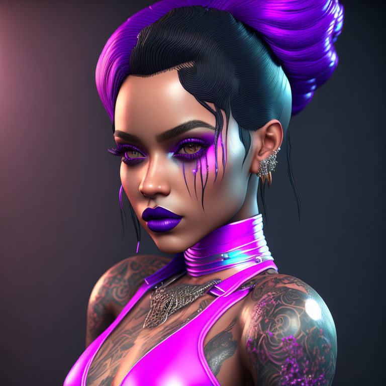 Futuristic woman with purple hair, tattoos, neon outfit & makeup