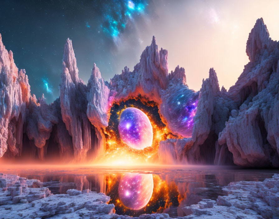 Fantastical landscape with rocky spires and cosmic portal reflected in water