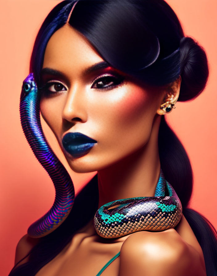 Bold Makeup Woman with Swirled Hair and Snake on Warm Background