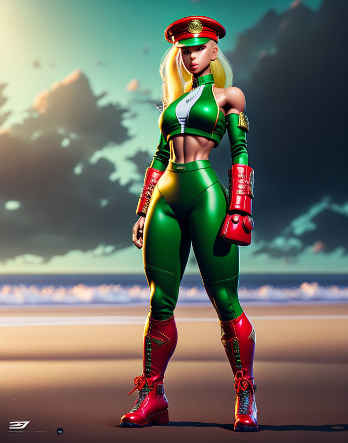 Female superhero character in green and red outfit on beach at sunset