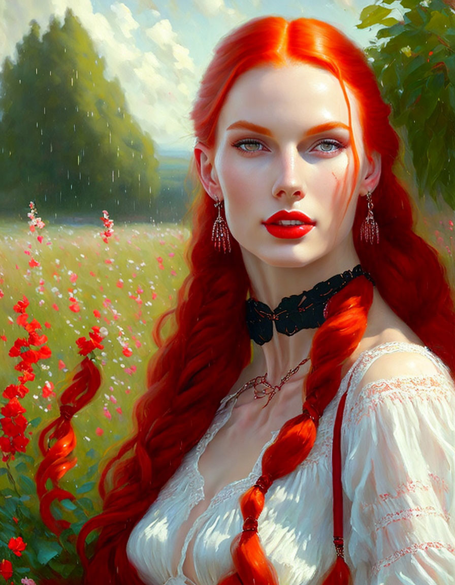 Vibrant red-haired woman in white blouse against blossoming meadow