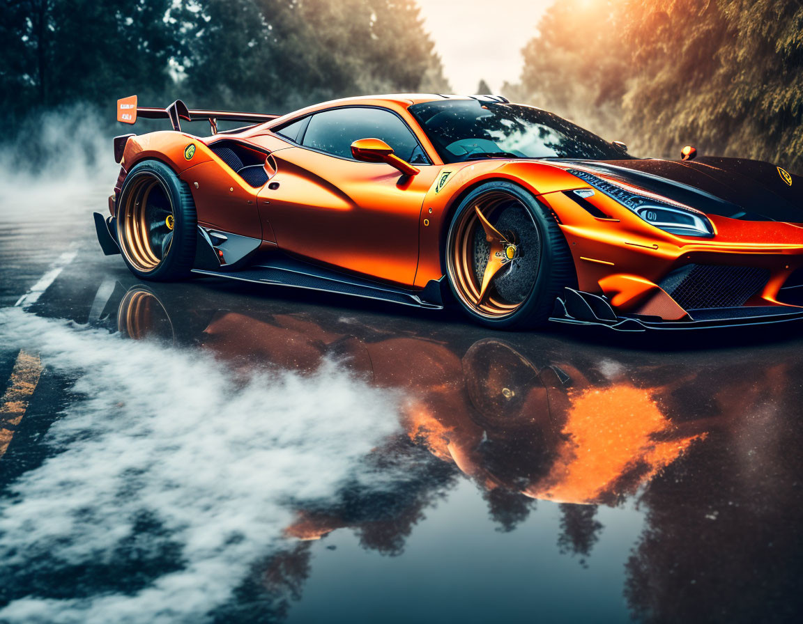 Vibrant red and yellow sports car in misty forest setting