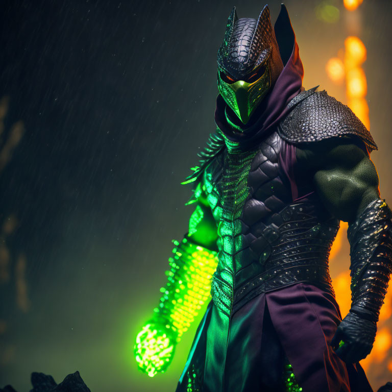 Armored figure in dark costume with glowing green light in misty environment