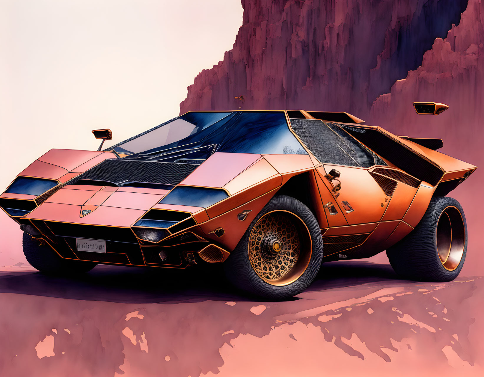 Futuristic orange sports car in desert landscape