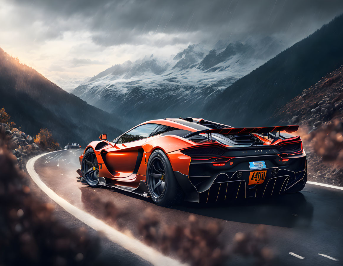 Orange Sports Car Driving on Mountain Road with Snow-Capped Peaks