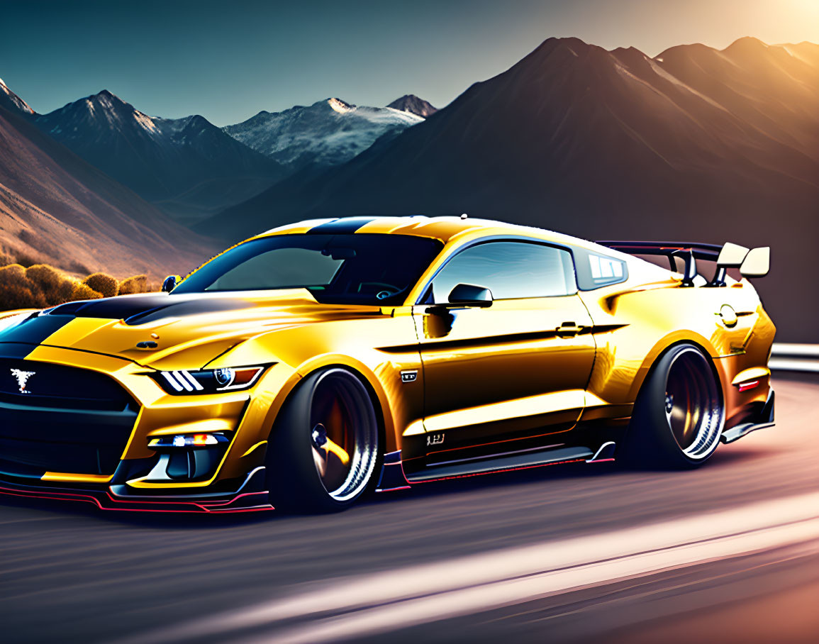 Yellow Ford Mustang with black stripes speeding on mountain road at sunset