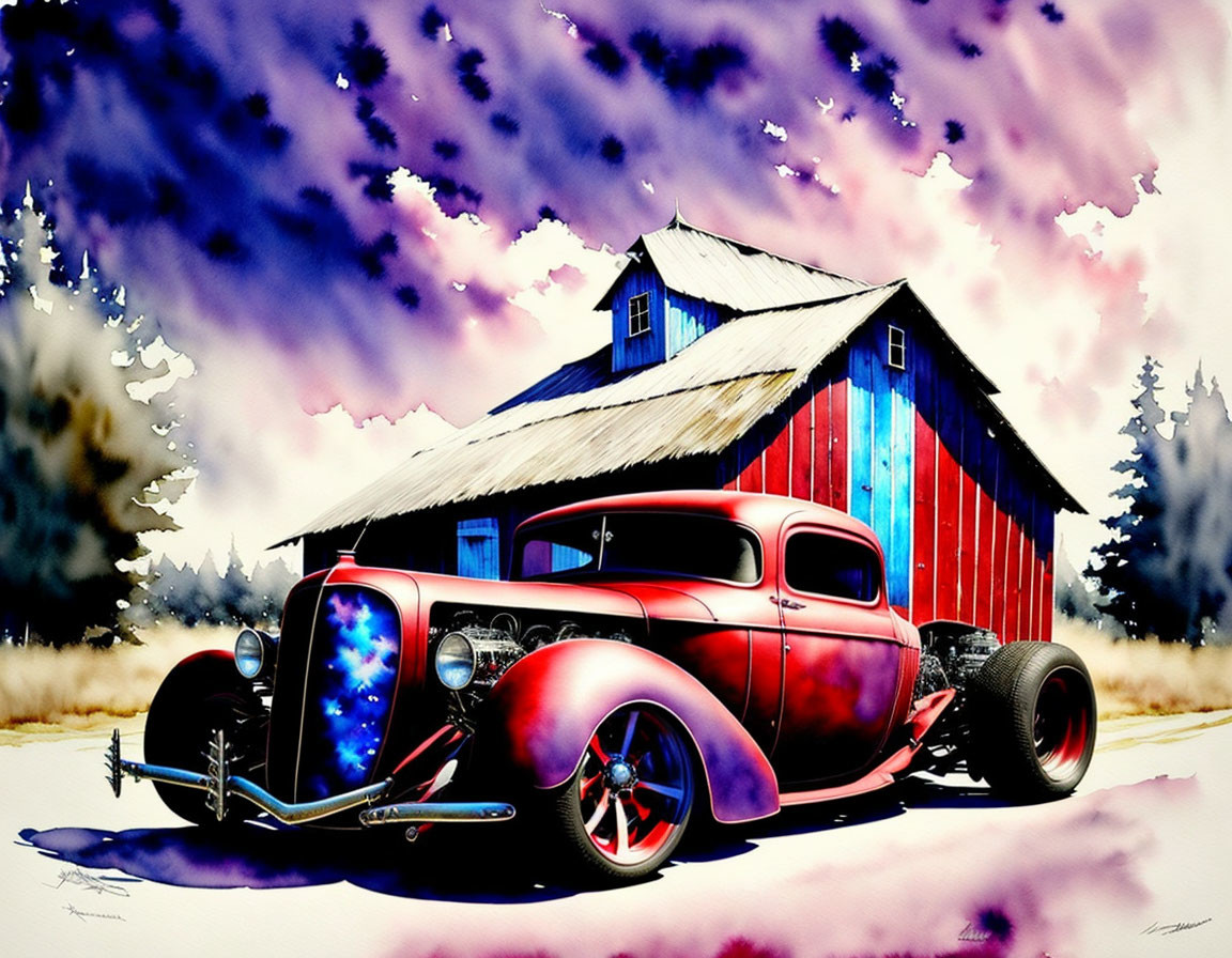 Stylized illustration of red hot rod in snowy landscape