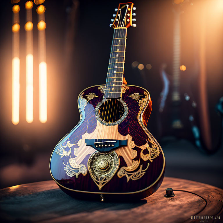 Intricately inlaid acoustic guitar on stool under warm ambient light