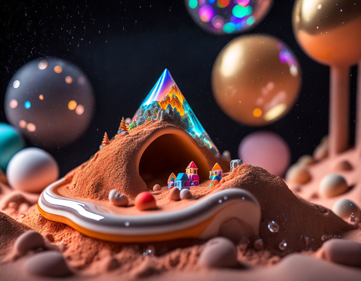 Vibrant glowing mountain peak in fantastical miniature landscape