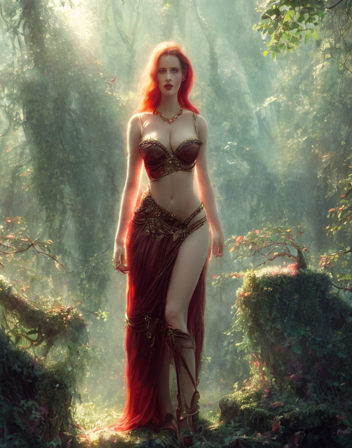 Red-haired mystical woman in fantasy attire in sunlit forest