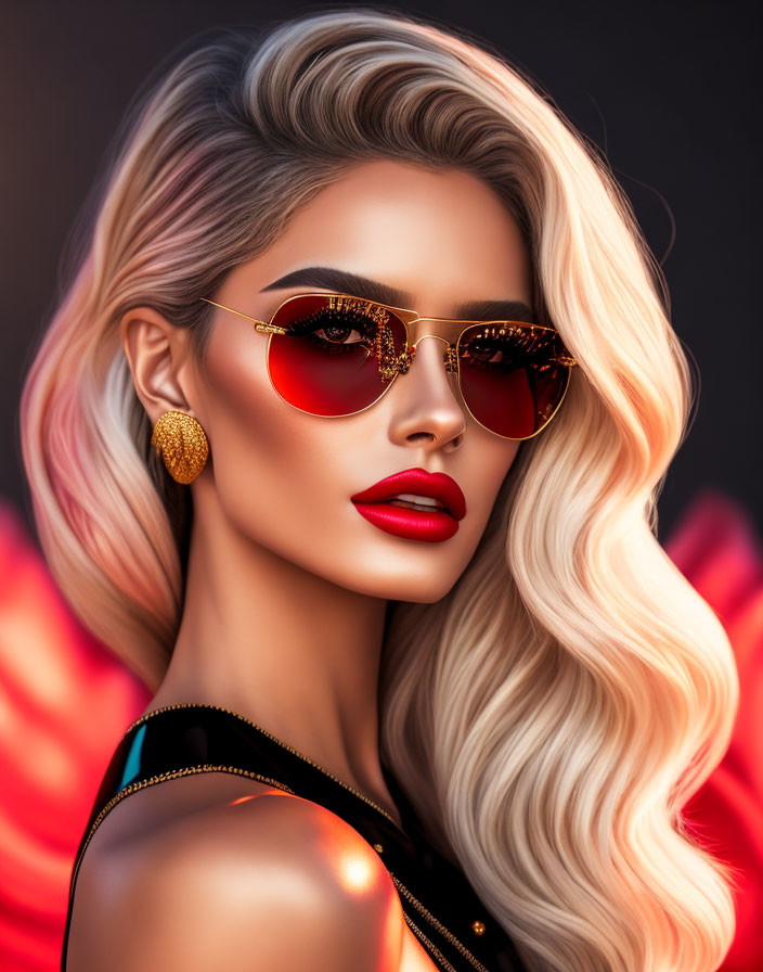 Stylized digital portrait of woman with platinum blonde hair, red sunglasses, lipstick, gold earrings on