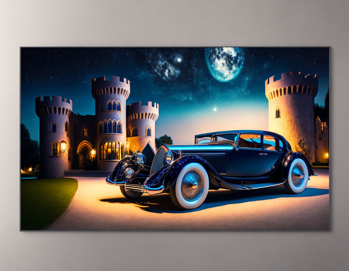 Vintage Blue Car Parked in Front of Castle at Night with Full Moon and Stars