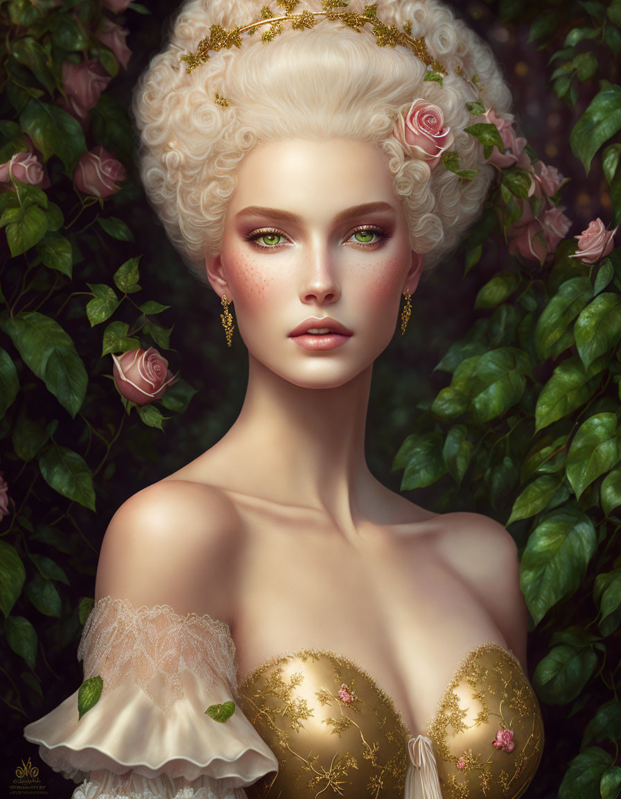 Woman with Baroque Hairstyle and Golden Gown Among Roses and Vines