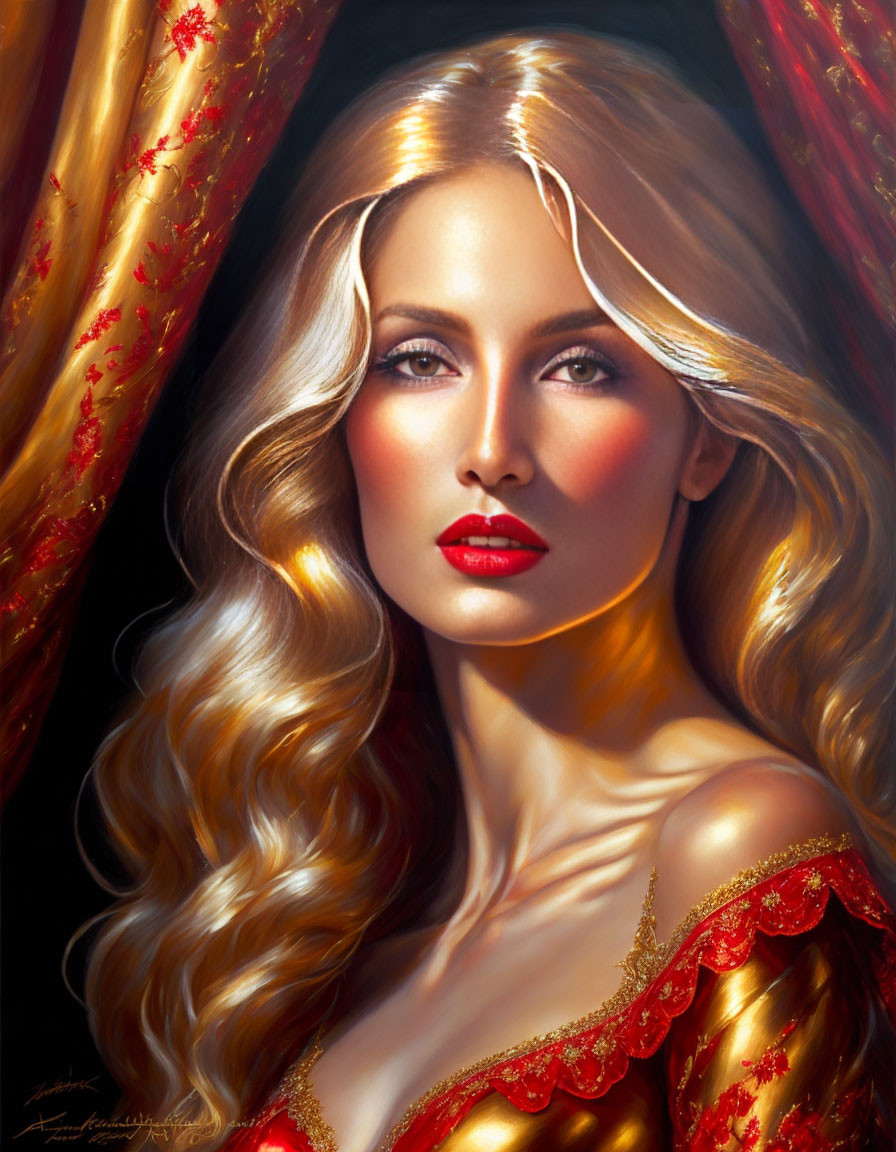 Portrait of Woman with Golden Hair and Red Dress on Dark Background