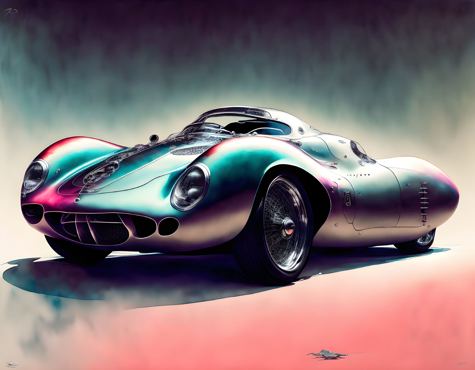 Colorful sports car illustration with reflective paint job on gradient backdrop