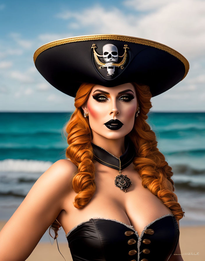 Stylized portrait of a woman in pirate-inspired attire on beach