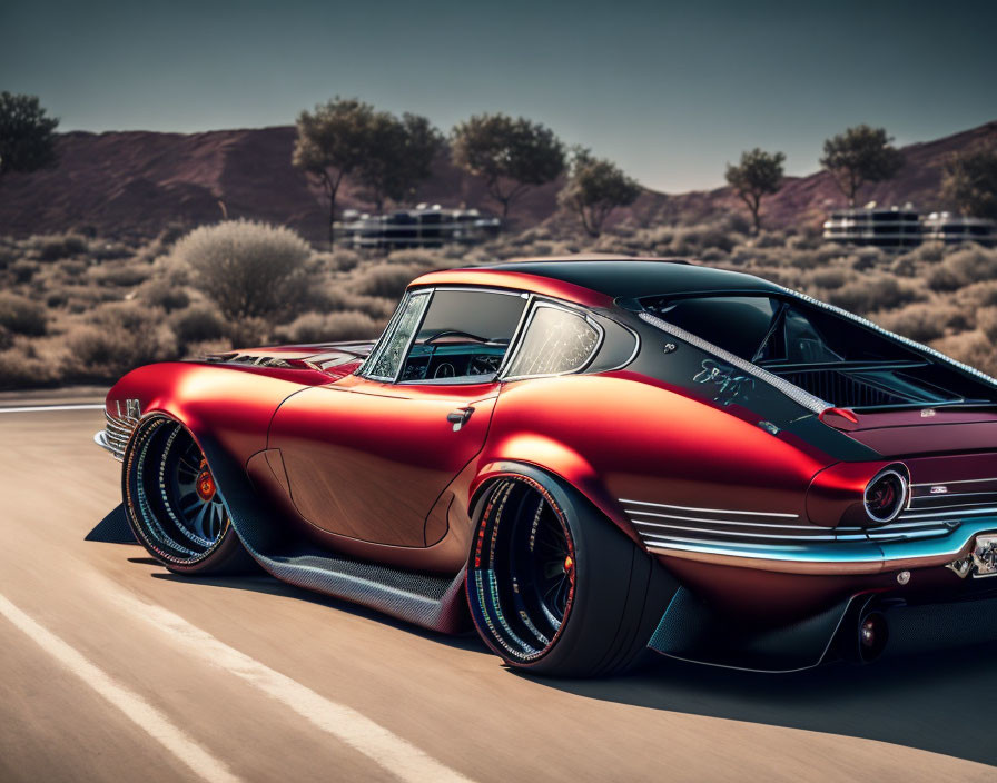 Customized Classic Muscle Car with Red and Black Paint Job on Open Road